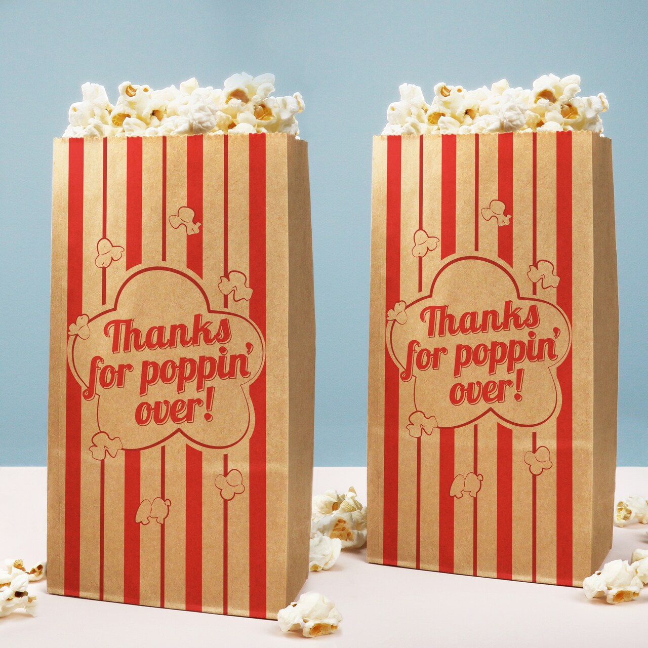 Big Dot of Happiness Movie Night Thanks for Popping Over Popcorn Bags, Favor Snack Treats, Free-Standing Individual Kraft Brown Paper Bags - 25 Count